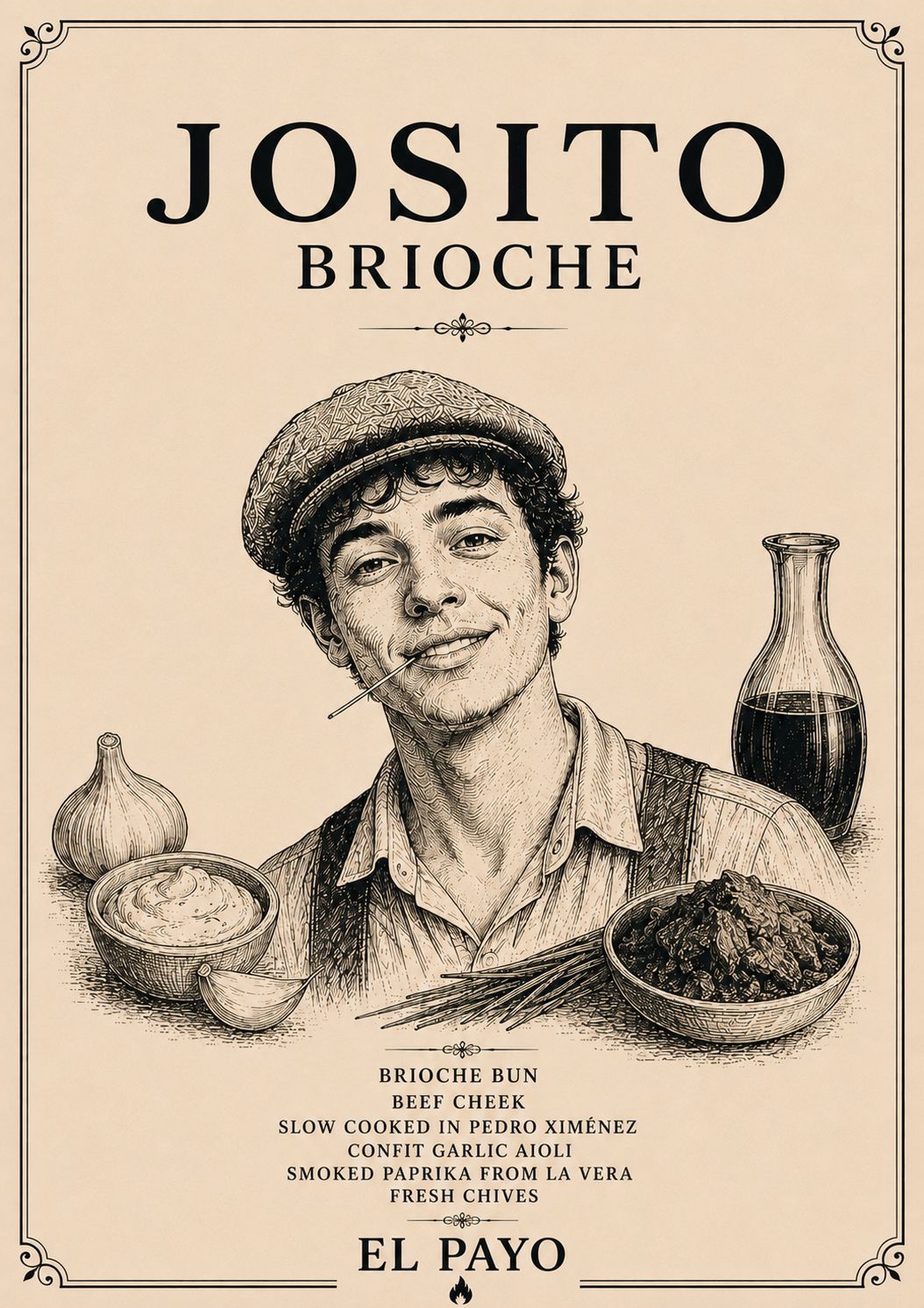 El Payo engraved poster for Josito Brioche — beef cheek in Pedro Ximénez.