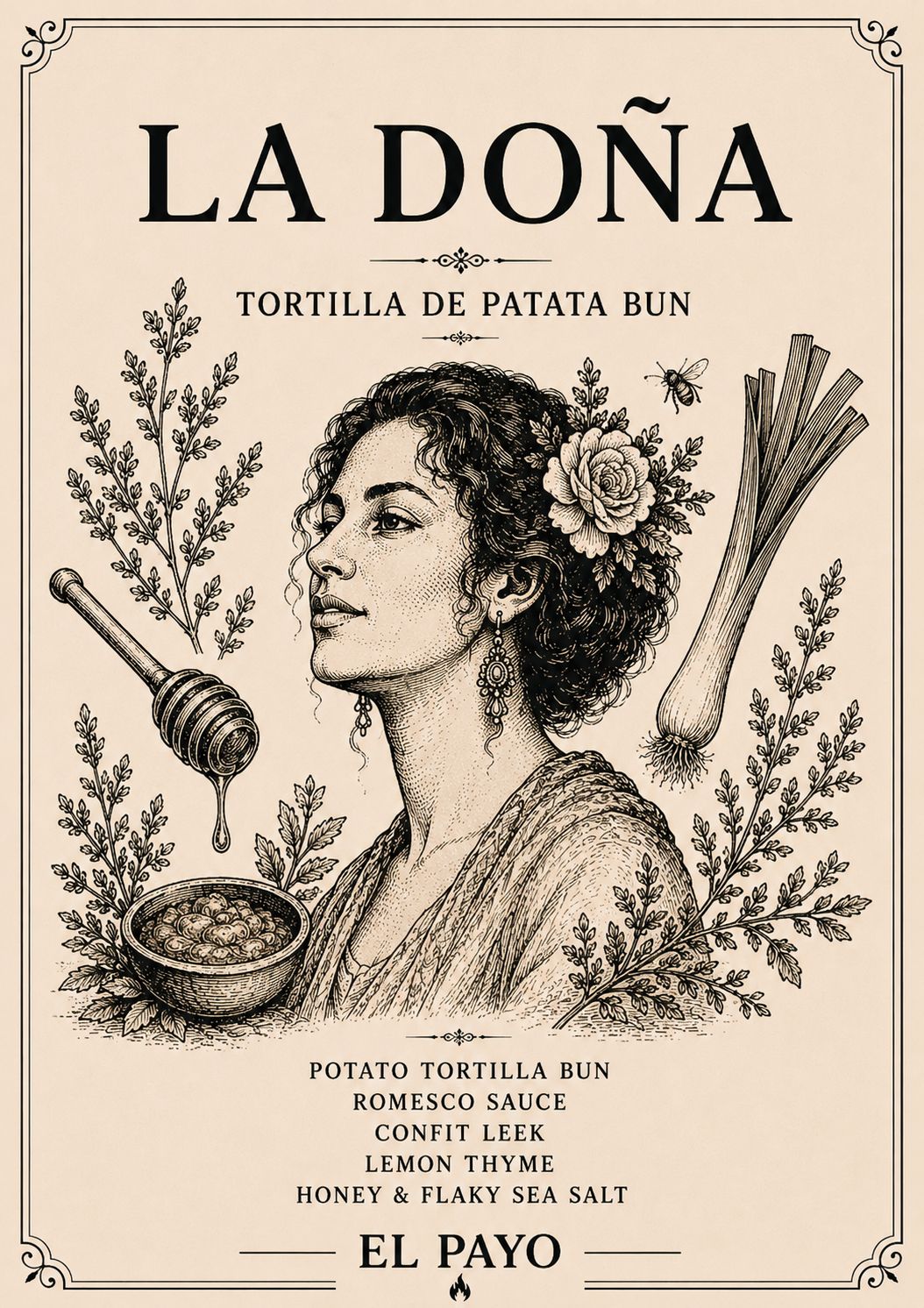 El Payo engraved poster for La Doña — tortilla de patata bun.
