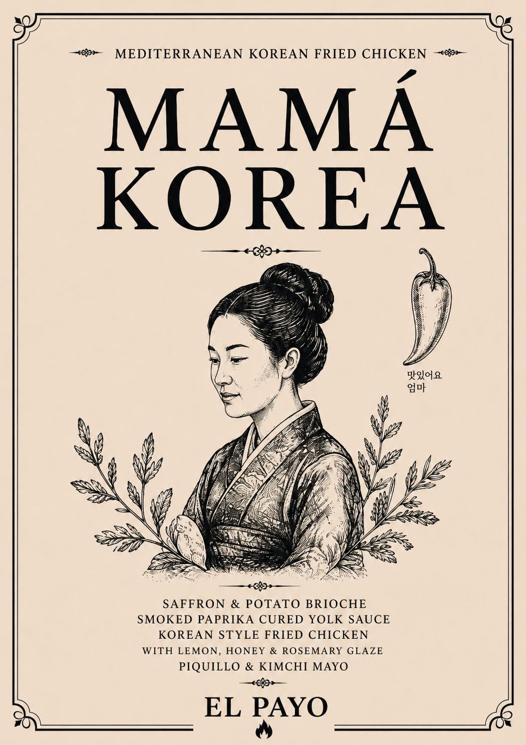 El Payo engraved poster for Mamá Korea — Mediterranean Korean fried chicken.