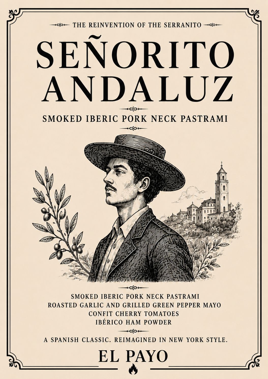 El Payo engraved poster for Señorito Andaluz — smoked Iberic pork-neck pastrami.